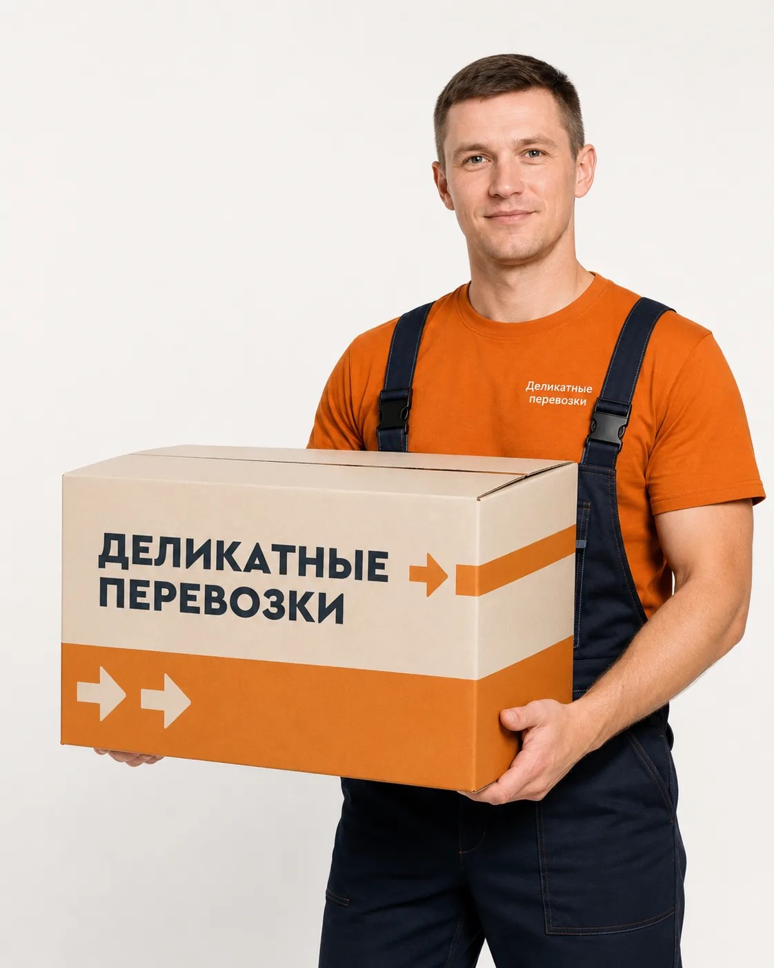 Грузчик Деликатные перевозки держит фирменную коробку