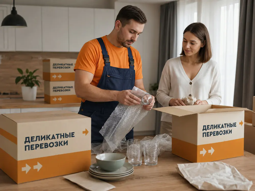 Грузчик бережно упаковывает вещи перед переездом